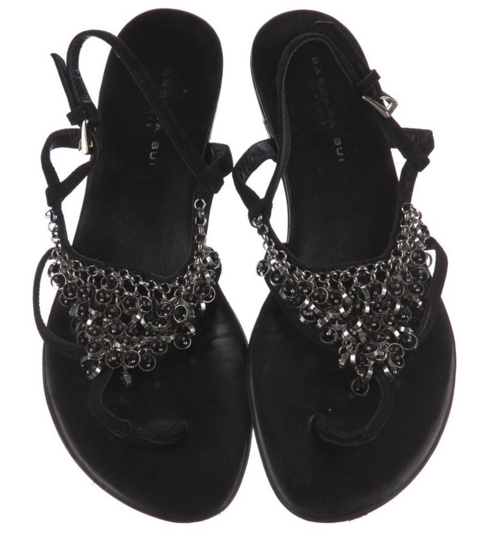 Barbara Bui Paris Jeweled Black Suede Flat Sandals Sz 41 EUC